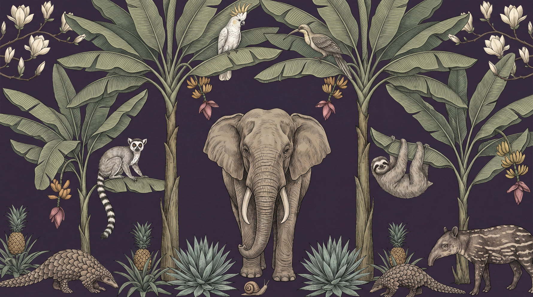 Tusk Hour Purple Jungle Wallpaper - Tropical Elephant Botanical Palm Tree Leaf Wall Mural - Design