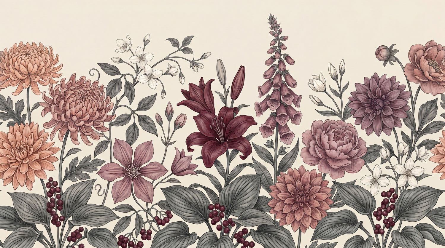 Twilight Foxglove Pink Floral Wallpaper - Vintage Botanical Flower Wall Mural Victorian Peel and Stick - Design