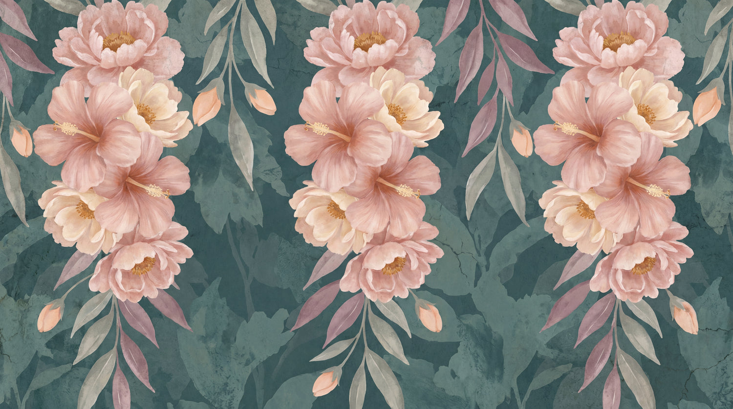 Velvet Cascade Green Floral Wallpaper - Pink Flower Vintage Botanical Peel and Stick Wall Mural - Design
