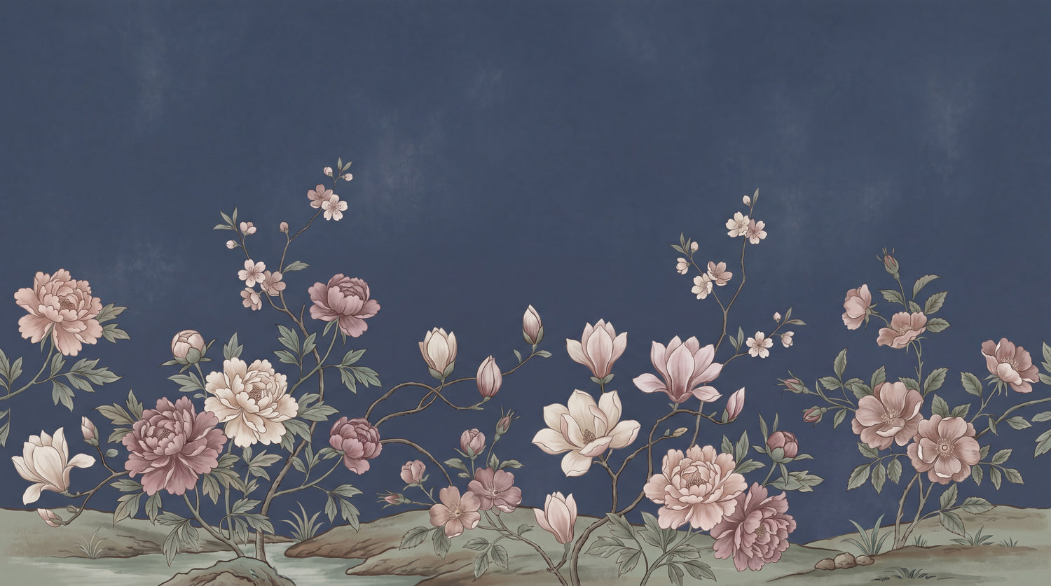 Velvet Dusk Petals - Blue Chinoiserie Wallpaper - Botanical Vintage Wallpaper Peel and Stick Mural - Design