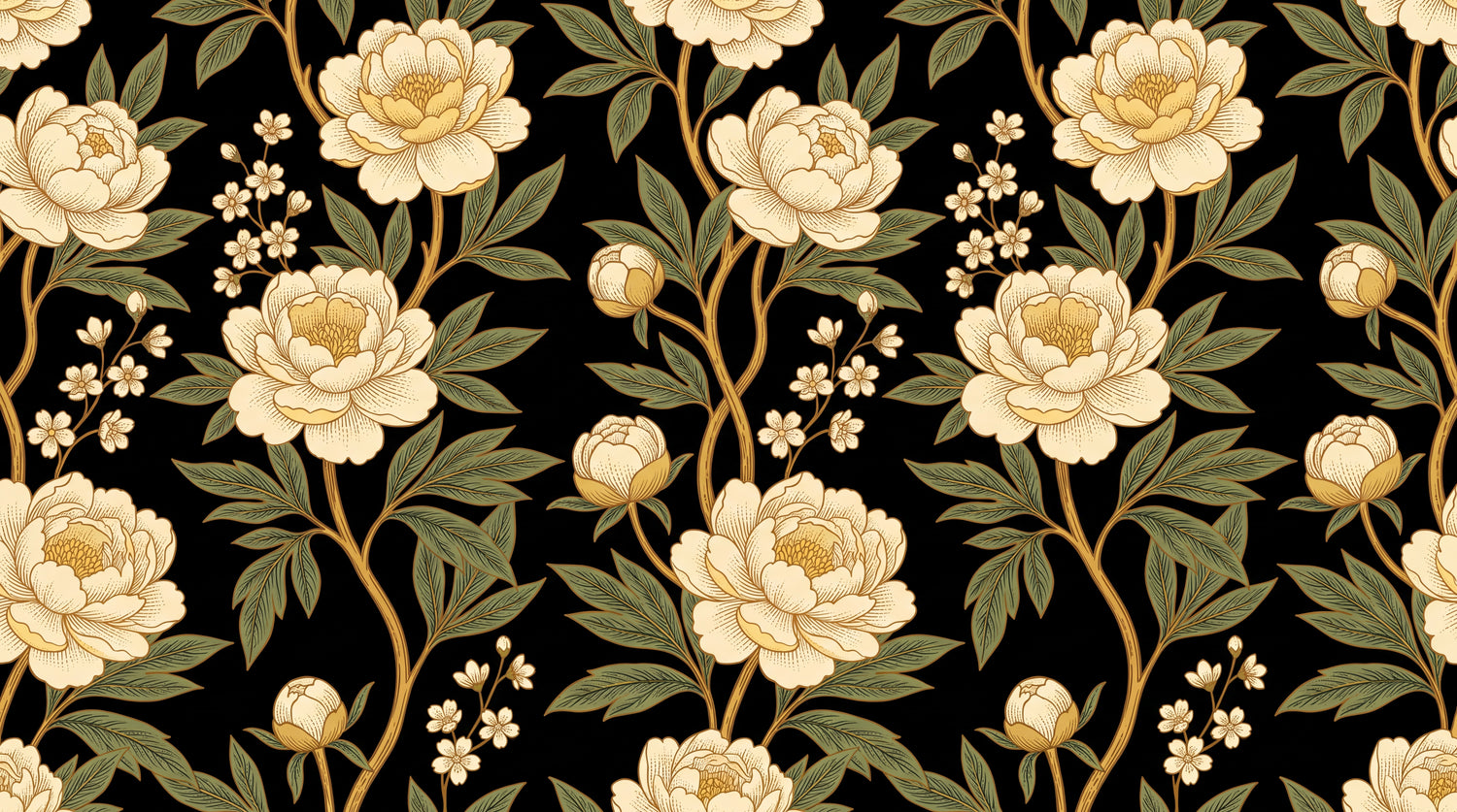 Velvet Nocturne Black Wallpaper - Vintage Floral Botanical Victorian Peel and Stick Wall Mural - Design