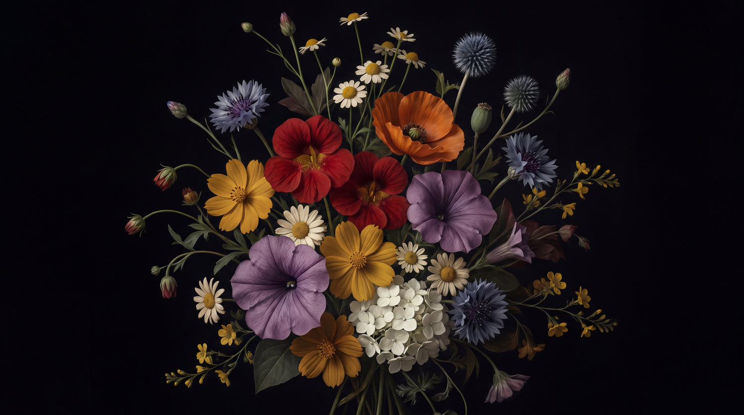 Velvet Nocturne Bloom Black Floral Wallpaper - Dark Vintage Flower Daisy Peel and Stick Wall Mural - Design