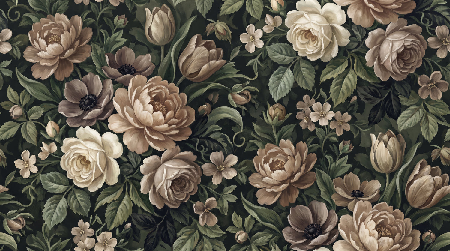 Velvet Nocturne Green Floral Wallpaper - Vintage Rose Botanical Victorian Greenery Wall Mural - Design