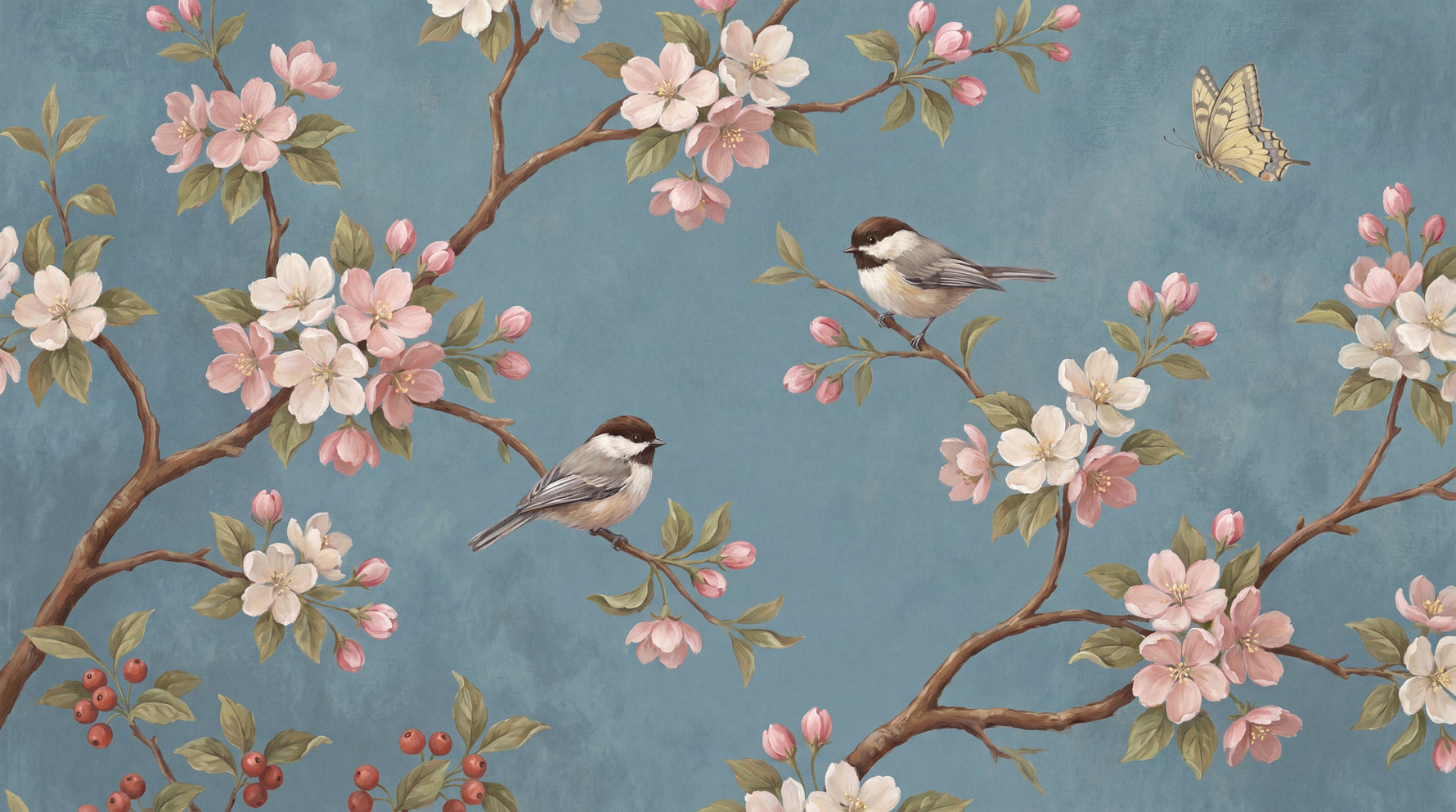 Velvet Plumage Blue Chinoiserie Wallpaper - Cherry Blossom Floral Vintage Botanical Peel and Stick Mural - Design