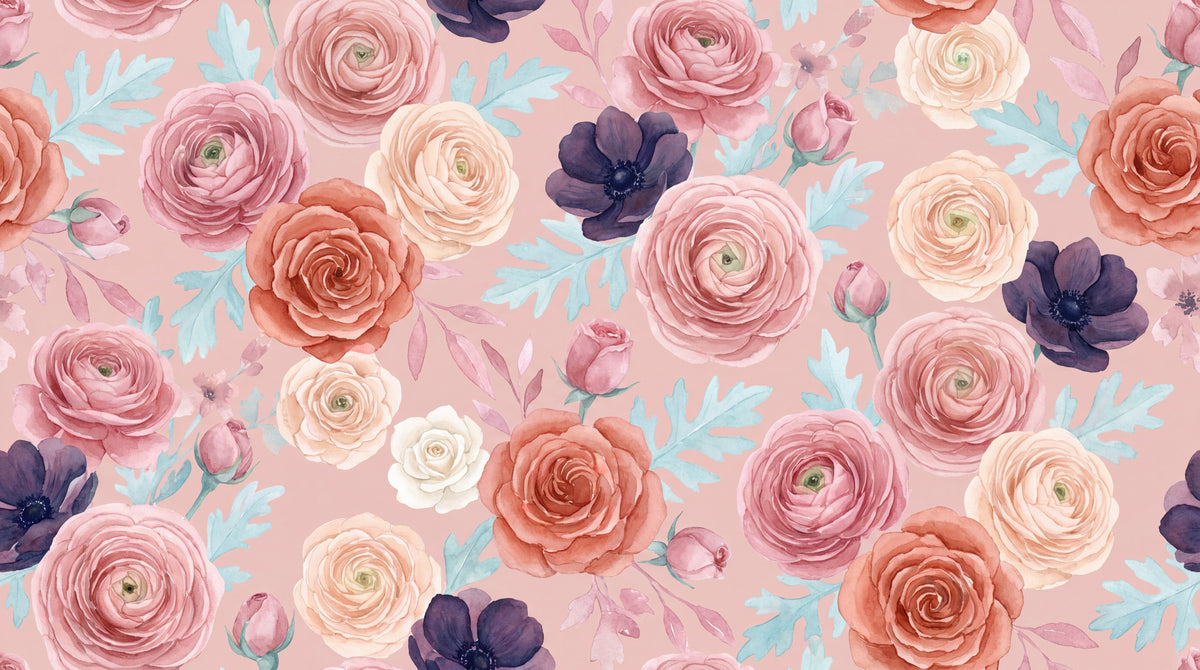Velvet Ranunculus Pink Rose Wallpaper - Pink Floral Vintage Flower Peel and Stick Wall Mural - Design