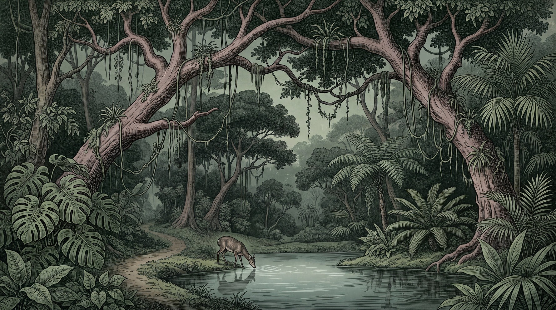 Verdant Reverie Green Forest Wallpaper - Jungle Tropical Palm Tree Woodland Wall Mural Peel and Stick - Design