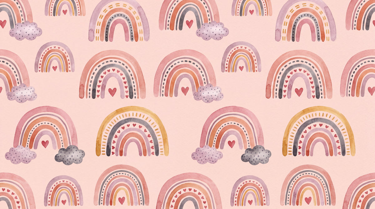 Watercolor Skies Pink Nursery Wallpaper for Kids - Boho Wallpaper Peel and Stick Kids Wall Mural - Design