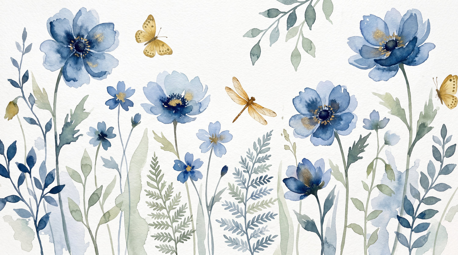Watercolor Wingsong Blue Floral Wallpaper - Light Blue and White Flower Peel and Stick Mural - Design