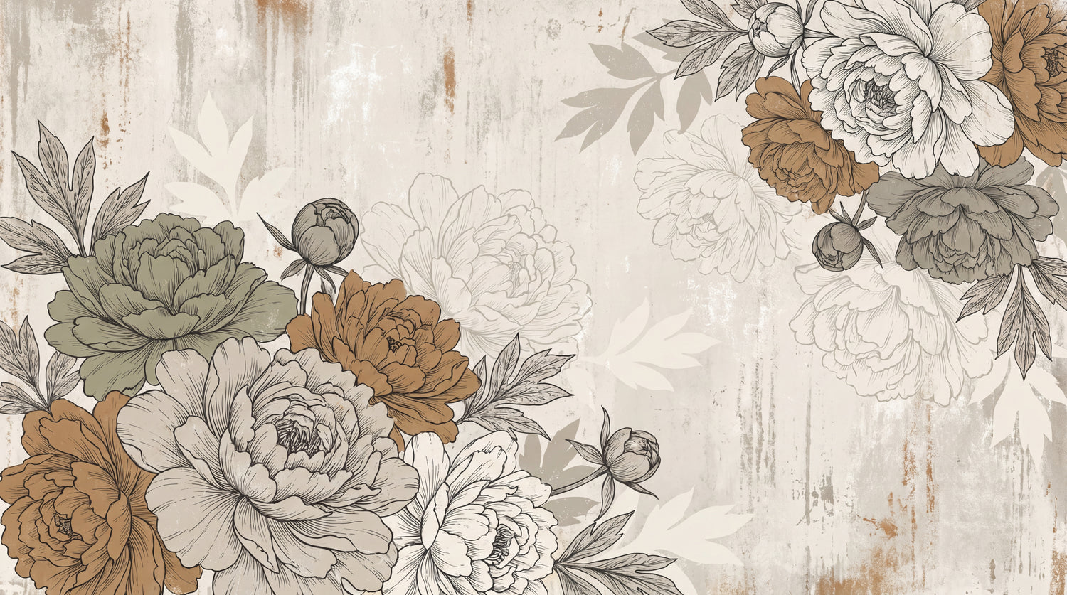 Weathered Bloomcraft Beige Vintage Wallpaper - Floral Botanical Victorian Flower Peel and Stick Mural - Design