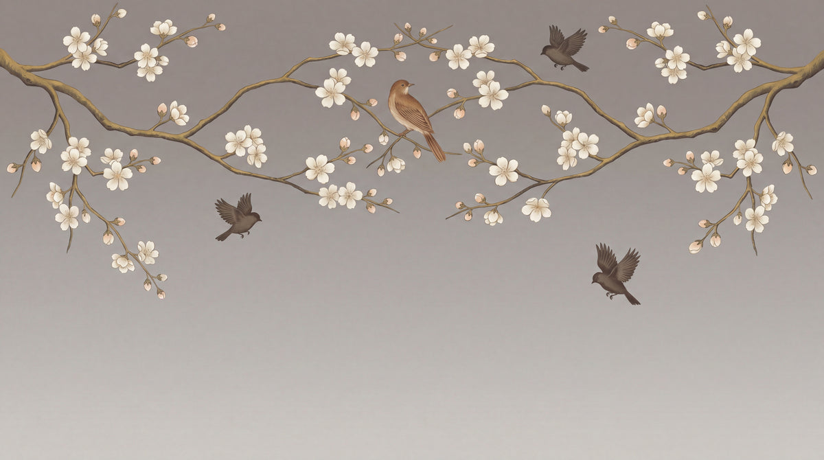 Whispering Blossoms - Gray Cherry Blossom Wallpaper - Chinoiserie Floral Botanical Tree Peel and Stick Wall Mural - Design