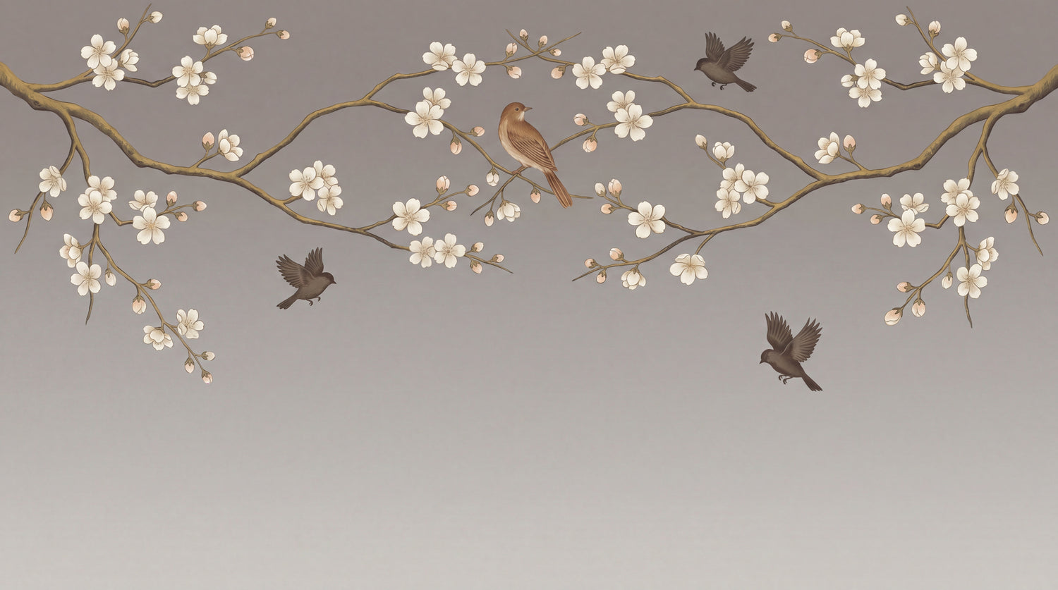 Whispering Blossoms - Gray Cherry Blossom Wallpaper - Chinoiserie Floral Botanical Tree Peel and Stick Wall Mural - Design