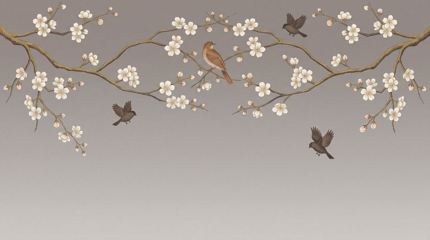 Whispering Blossoms - Gray Cherry Blossom Wallpaper - Chinoiserie Floral Botanical Tree Peel and Stick Wall Mural - Design