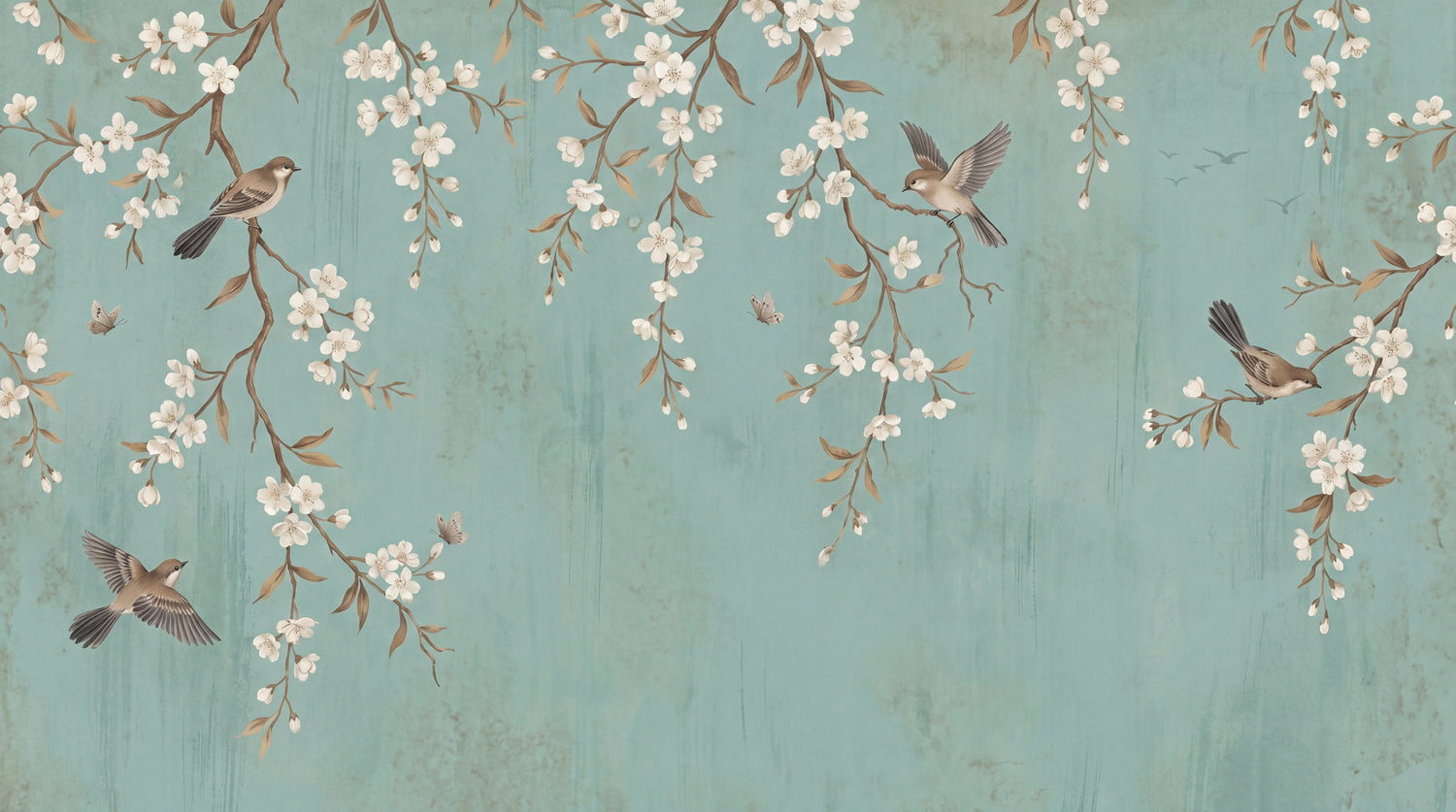 Whispering Branches - Blue Cherry Blossom Wallpaper - Teal Chinoiserie Vintage Floral Peel and Stick Wall Mural - Design