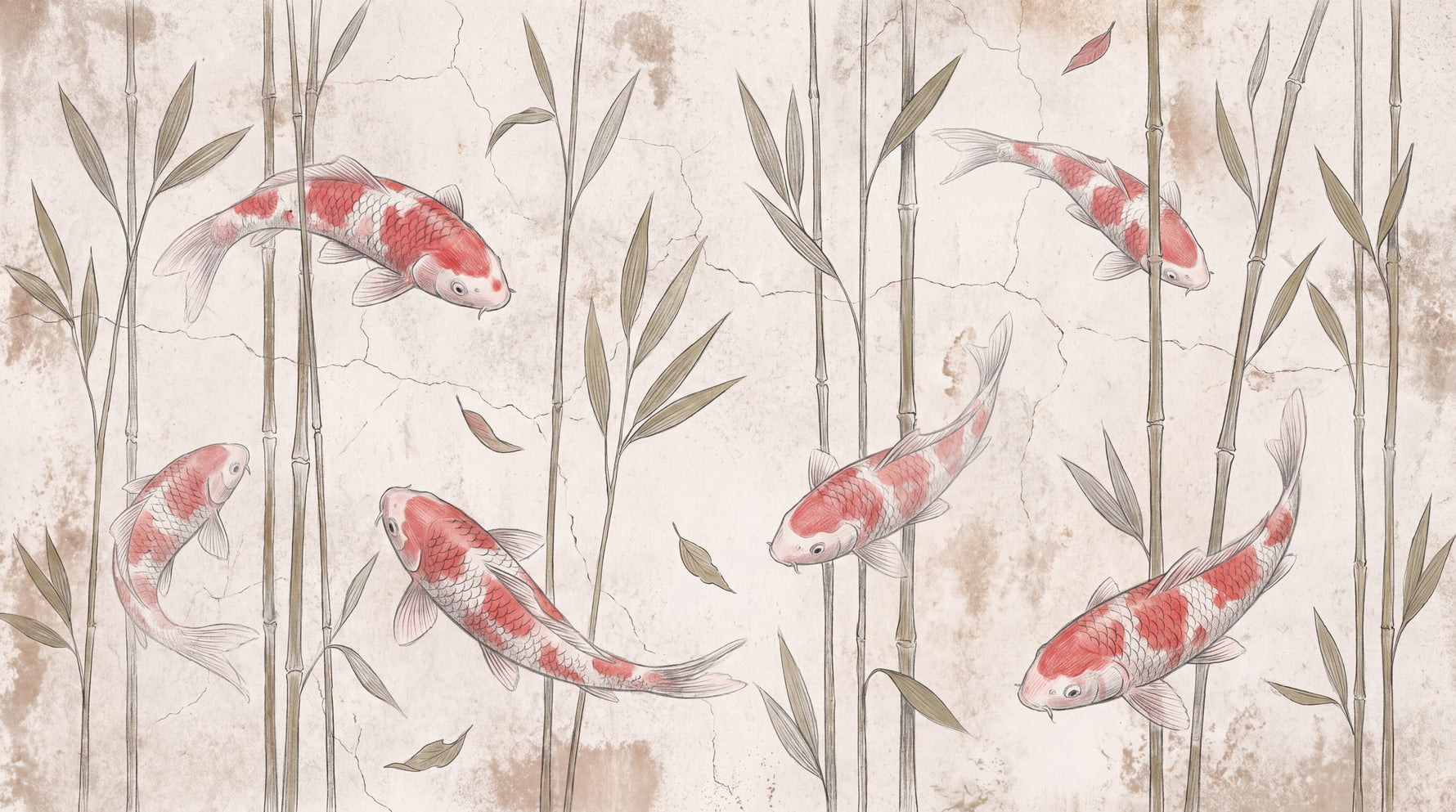 Whispering Current Beige Fish Wallpaper - Vintage Botanical Animal Wall Mural Peel and Stick - Design