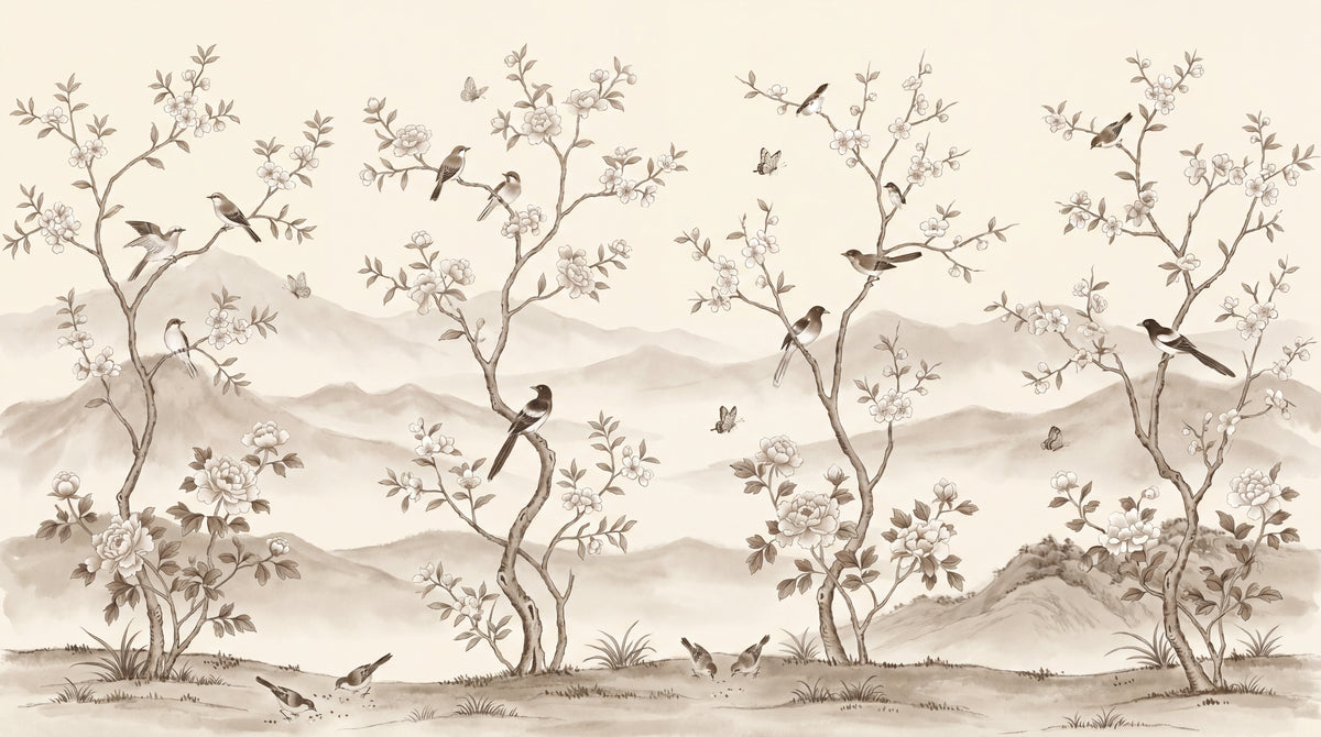 Whispering Orchard - Beige Cherry Blossom Wallpaper Chinoiserie Wall Mural Botanical Japanese Peel and Stick - Design