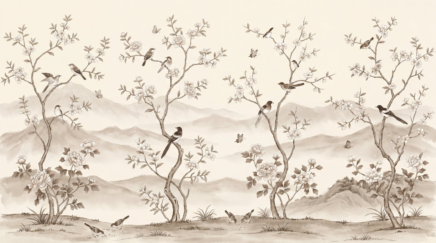 Whispering Orchard - Beige Cherry Blossom Wallpaper Chinoiserie Wall Mural Botanical Japanese Peel and Stick - Design