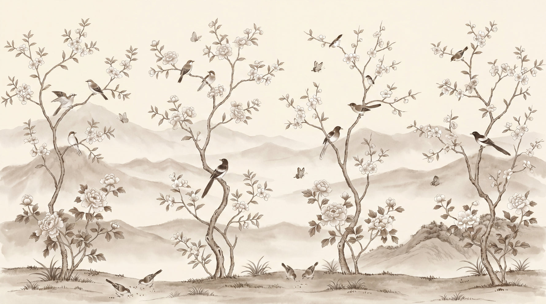 Whispering Orchard - Beige Cherry Blossom Wallpaper Chinoiserie Wall Mural Botanical Japanese Peel and Stick - Design