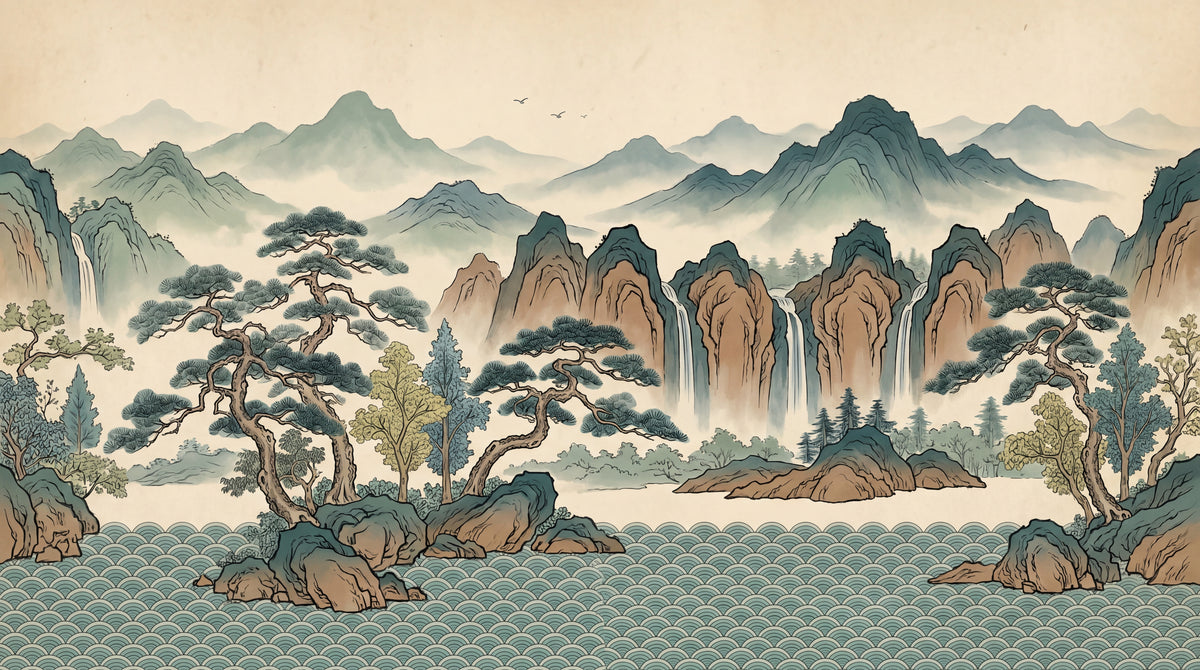 Whispering Peaks Beige Chinoiserie Wallpaper - Japanese Landscape Wallpaper Scenery Wall Mural - Design