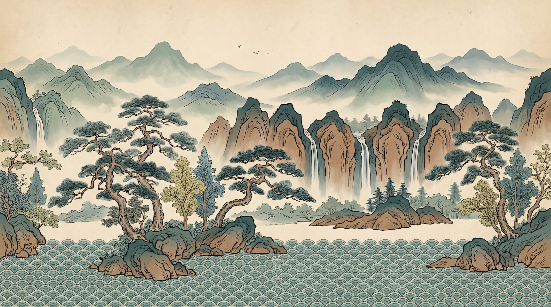 Whispering Peaks Beige Chinoiserie Wallpaper - Japanese Landscape Wallpaper Scenery Wall Mural - Design