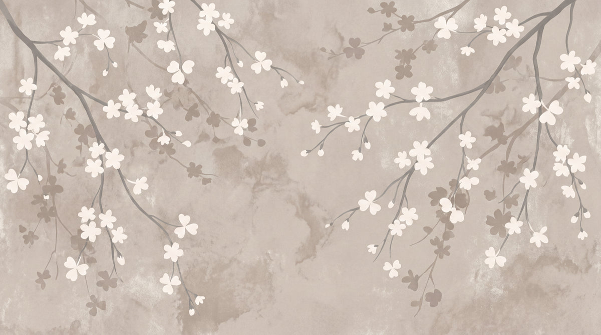 Whispering Petals - Beige Cherry Blossom Wallpaper - Chinoiserie Floral Japanese Botanical Wall Mural Peel and Stick - Design
