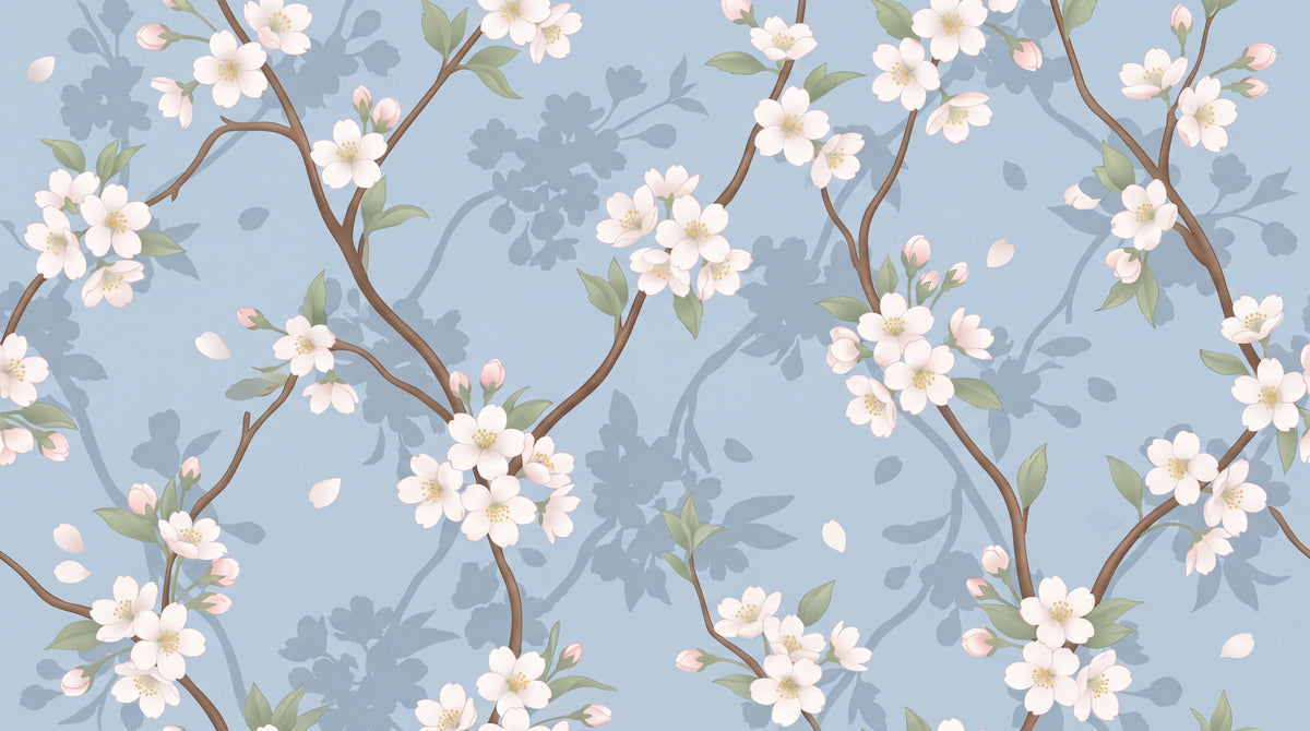 Whispering Petals - Blue Cherry Blossom Wallpaper - Chinoiserie Floral Japanese Botanical Peel and Stick - Design