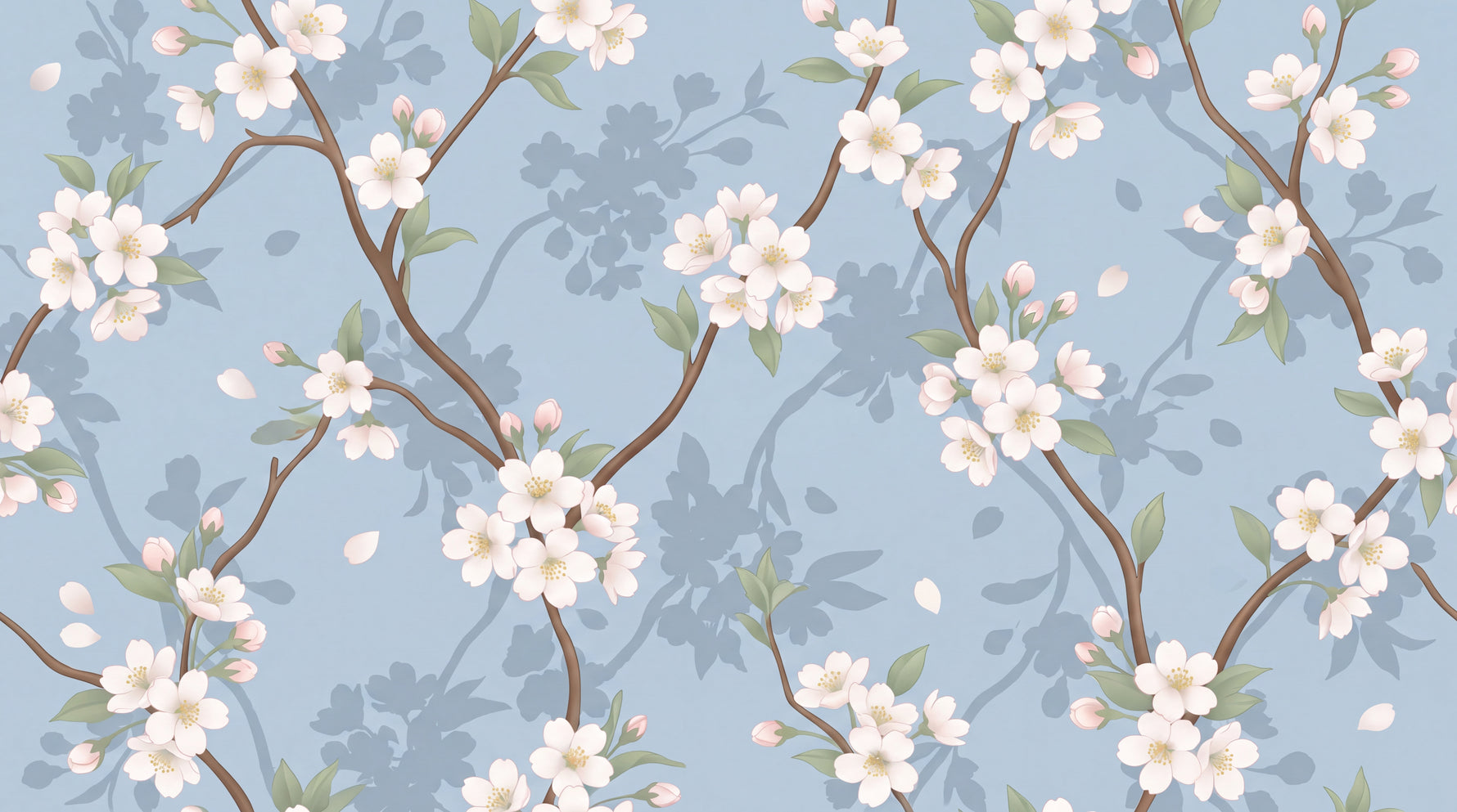 Whispering Petals - Blue Cherry Blossom Wallpaper - Chinoiserie Floral Japanese Botanical Peel and Stick - Design