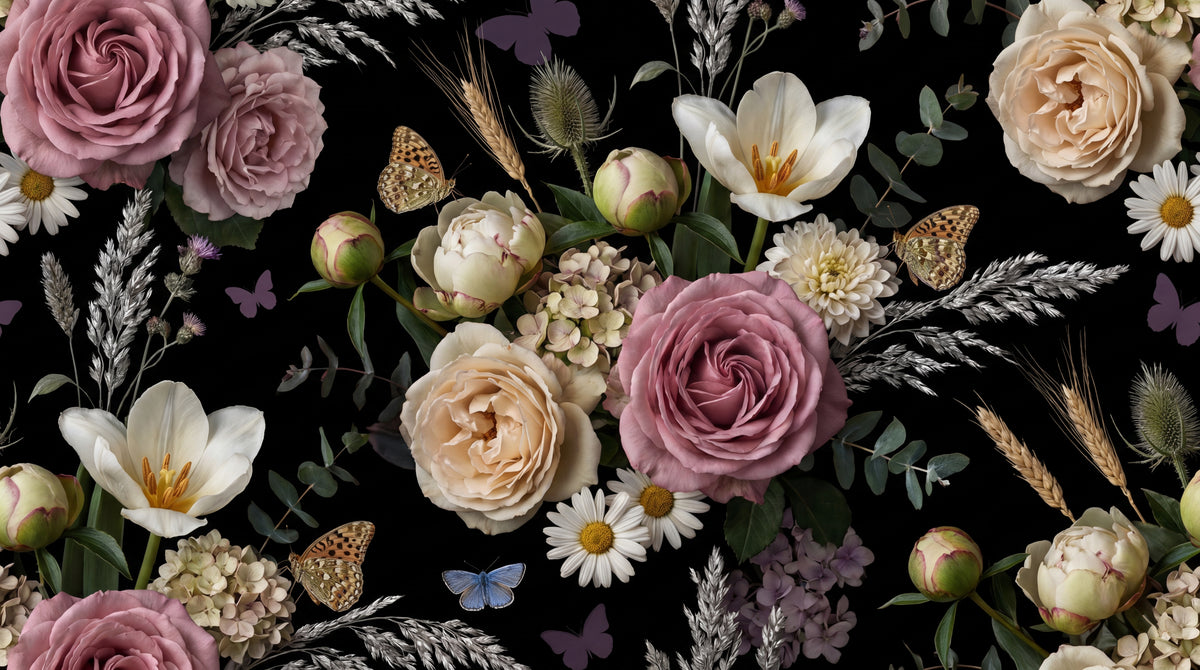 Whispering Thicket Dark Rose Wallpaper - Black Flower Vintage Floral Peel and Stick Wall Mural - Design
