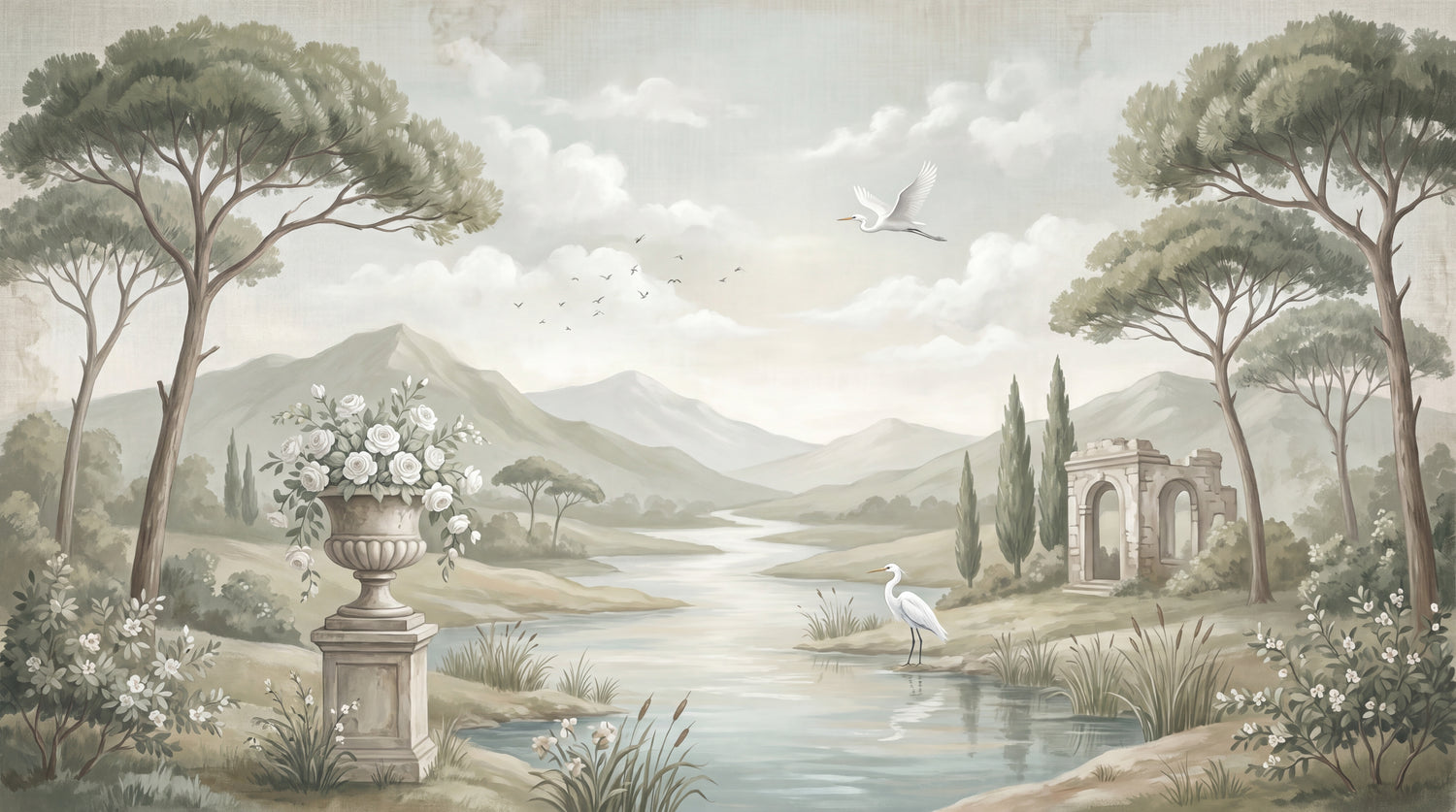 Whispering Vale Green Landscape Wallpaper - Vintage Scenery Wall Mural Victorian Peel and Stick - Design