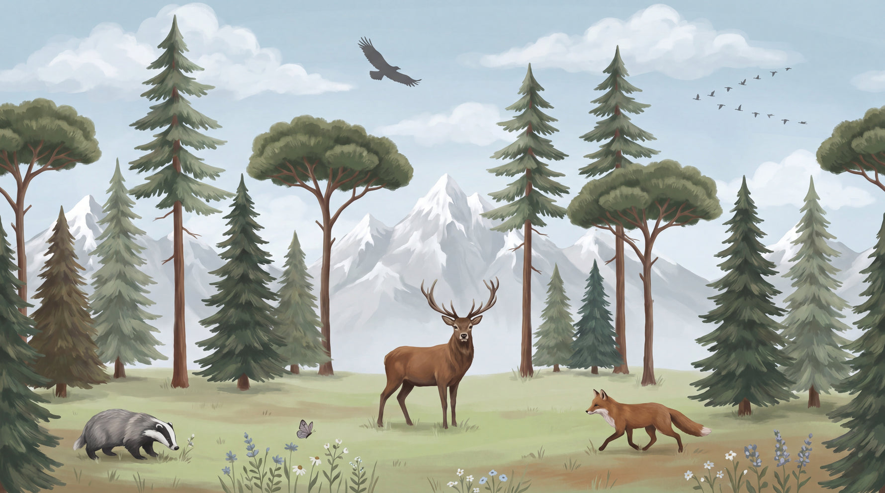 Wild Ridge - Green Mountain Wallpaper - Forest Woodland Fox Wall Mural Peel and Stick - Design