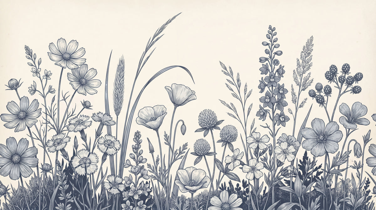 Wildfield Sketch Blue Navy Blue Wallpaper - Floral Wallpaper Country Flower Peel and Stick Wall Mural - Design