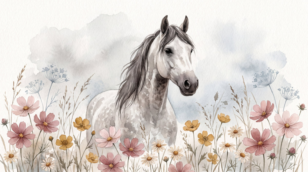 Wildflower Reverie Pastel Horse Wallpaper - Floral Animal Daisy Peel and Stick Wall Mural - Design
