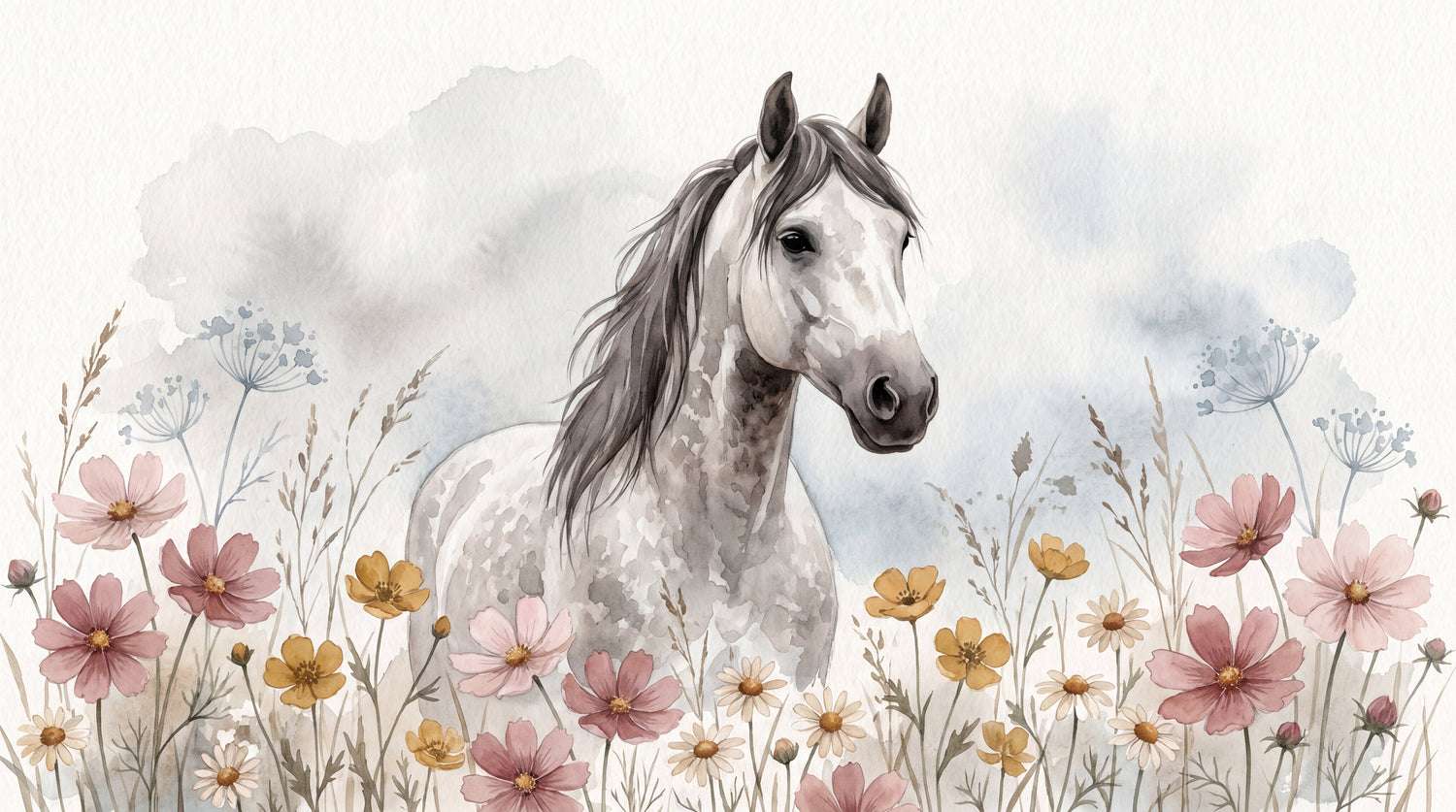 Wildflower Reverie Pastel Horse Wallpaper - Floral Animal Daisy Peel and Stick Wall Mural - Design