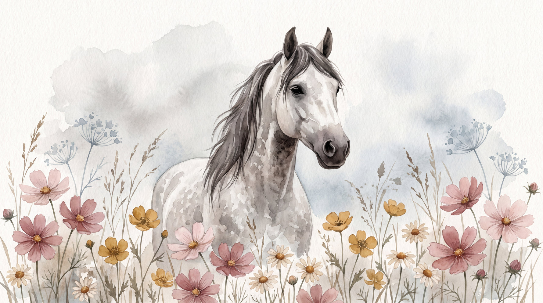 Wildflower Reverie Pastel Horse Wallpaper - Floral Animal Daisy Peel and Stick Wall Mural - Design