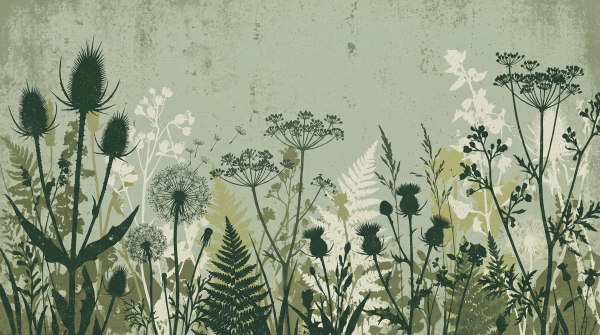 Wildflower Silhouette Green Sage Green Wallpaper - Floral Greenery Vintage Flower Peel and Stick Wall Mural - Design