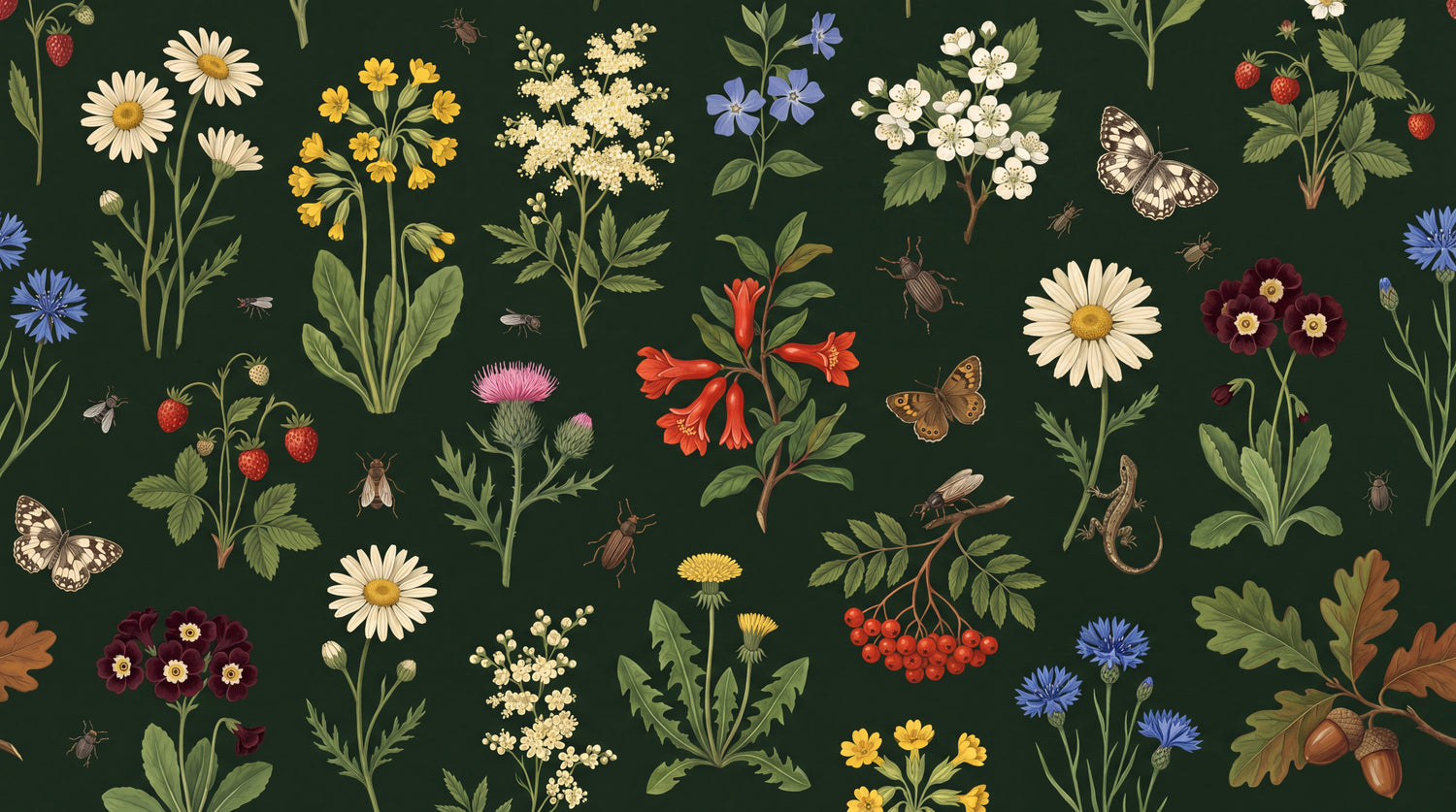 Wildling Almanac Green Floral Wallpaper - Dark Green Daisy Flower Peel and Stick Wall Mural - Design