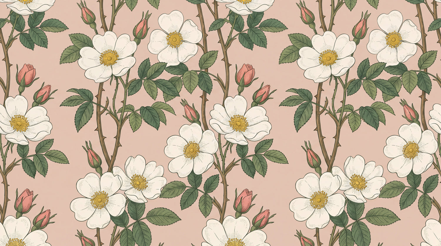 Wildrose Sonnet Pink Rose Wallpaper - Green Vintage Floral Peel and Stick Pink Flower Country Mural - Design
