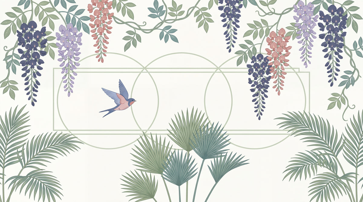 Wisteria Flight - Green Art Deco Wallpaper - Chinoiserie Bird Botanical Greenery Leaf Peel and Stick Wall Mural - Design