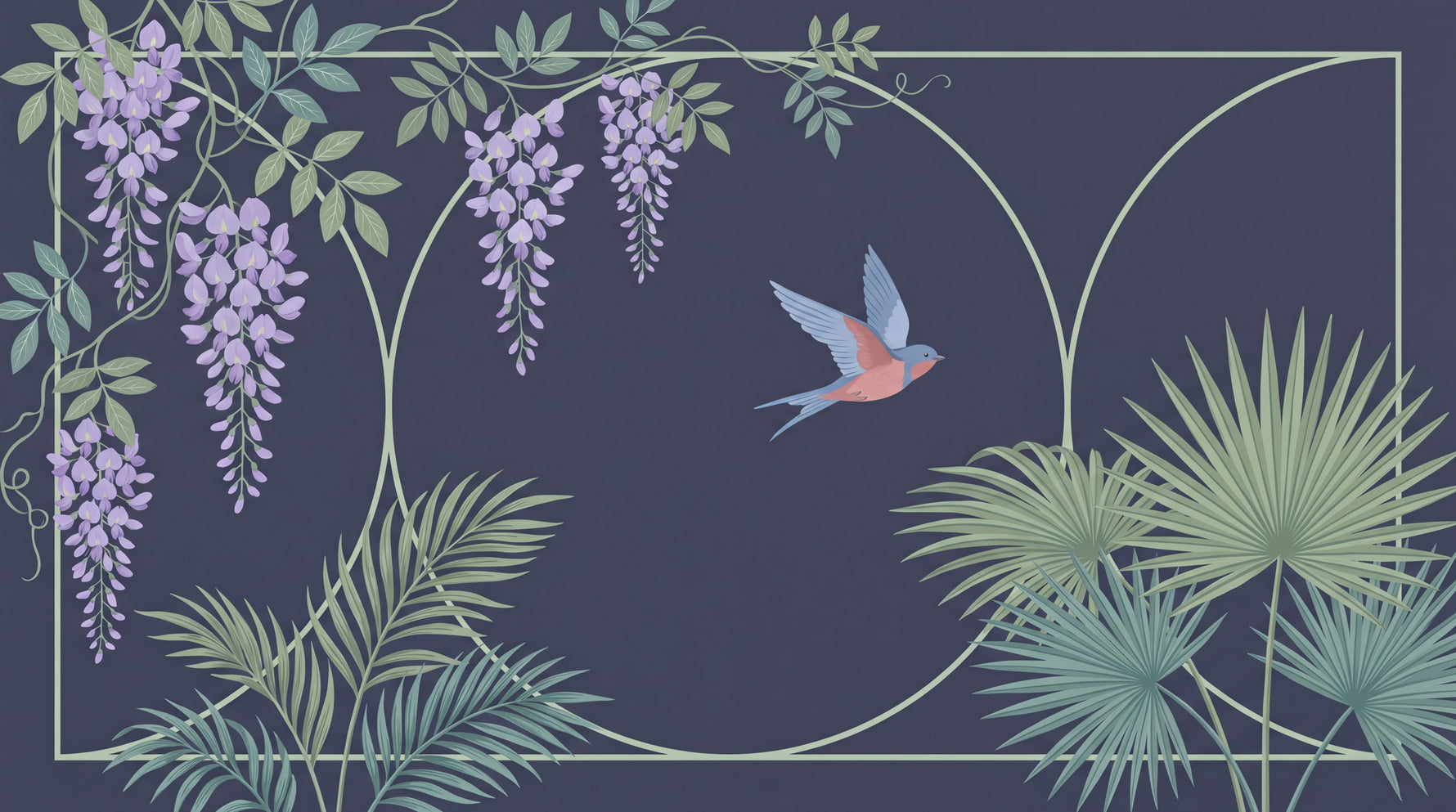 Wisteria Sonnet - Dark Art Deco Wallpaper - Navy Blue Chinoiserie Botanical Leaf Peel and Stick Mural - Design